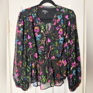 EUC Nicole Miller Black Floral Tie-Front Blouse